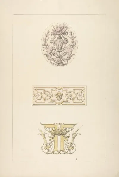Two Designs For Decorative Panels And One Design For An Ornamental Monogram With A Crown And The Initials Ff