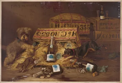 Two Dogs Chasing Mouse Through Open Case Of Champagne