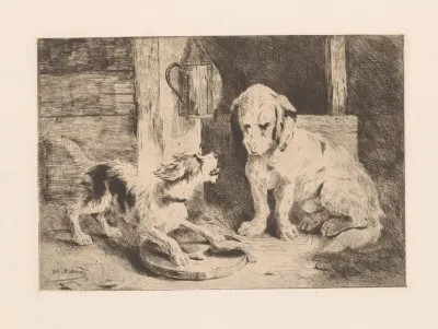 Two Dogs Near A Lantern And Plate Of Food