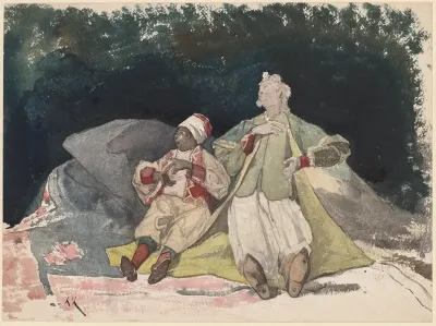 Two Dolls Or Puppets Sitting On Cushions