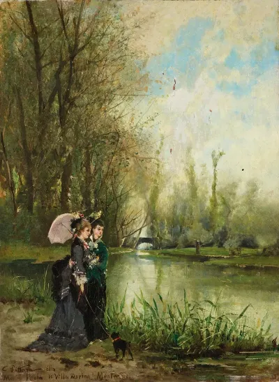 Two Elegant Ladies With A Pink Parasol In The Park