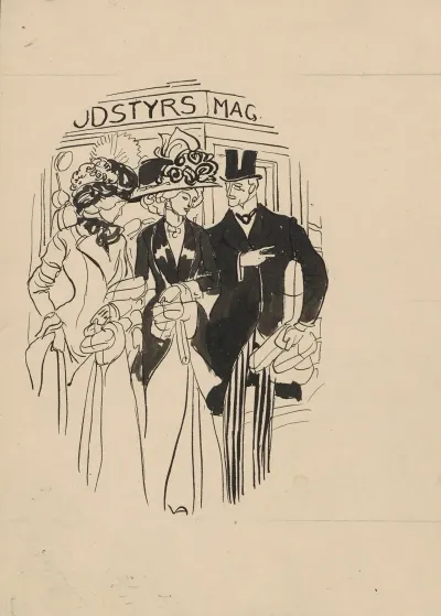 Two Extravagantly Dressed Women And A Gentleman Outside A Factory Outlet