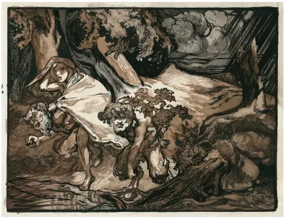 Two Fauns And A Boy Fleeing The Storm