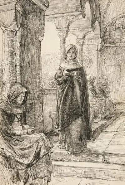 Two Female Figure In Cloister From The Cloister