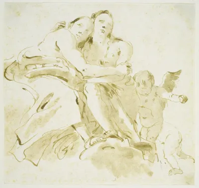 Two Female Figures And Two Putti On Clouds