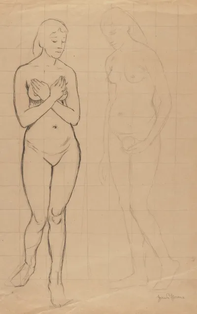 Two Female Nudes En Face With Arms Crossed Over The Chest