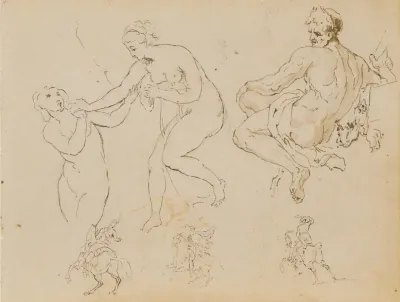 Two Female Nudes Seated Male Nude