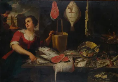 Two Figures In A Kitchen Interior With A Fish Still Life