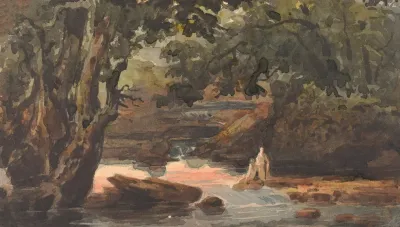 Two Figures In Stream Bordered By Large Trees