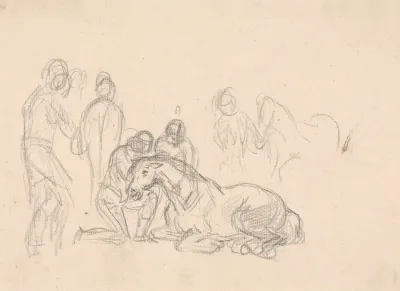 Two Figures Kneeling Beside A Horse