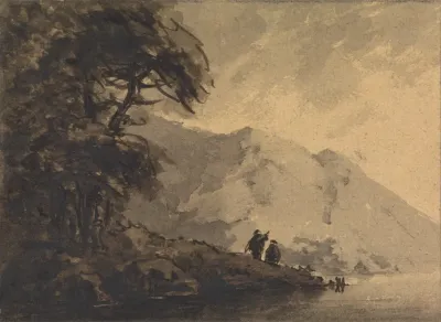 Two Figures On Shore With Mountain Rising Behind