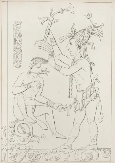 Two Figures One Seated And One Standing With Tools And Decorative Elements