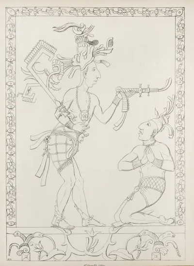 Two Figures One Standing One Kneeling With Naturalistic Border