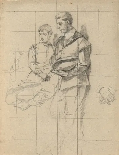 Two Figures Sketch For Signing Of The Compact In The Cabin Of The Mayflower
