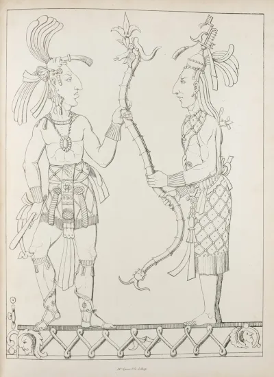 Two Figures Standing Facing Each Other And Holding A Long Serpentine Object