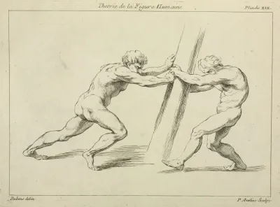 Two Figures Straining Against A Post