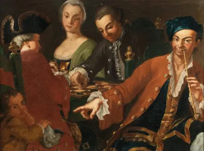 Two Gentlemen And A Lady Playing Chess While They Are Robbed