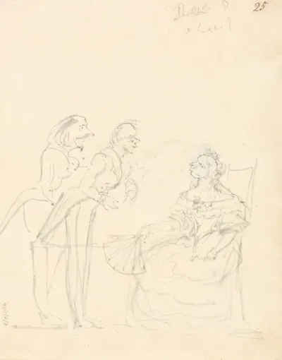 Two Gentlemen Talking To A Seated Lady