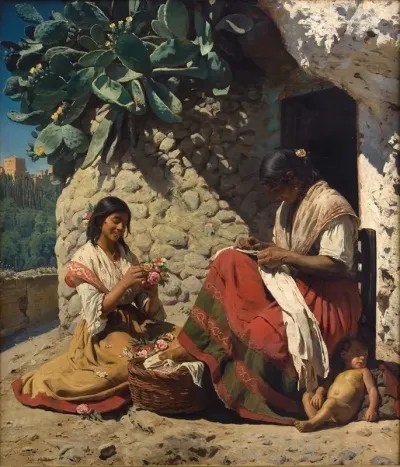 Two Gipsy Women Outside Their Cottage Spain