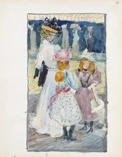 Two Girls And A Woman In A Veiled Hat