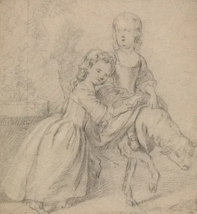 Two Girls In A Landscape One Riding A Lamb