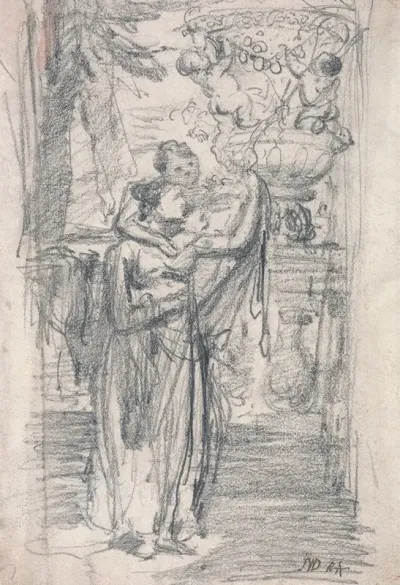 Two Girls Or Lady And Child On A Garden Terrace Near An Ornamental Urn