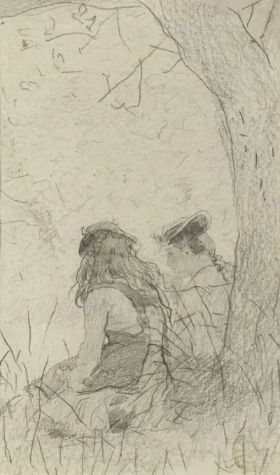 Two Girls Seated On A Bank