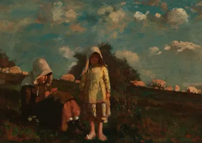 Two Girls With Sunbonnets In A Field