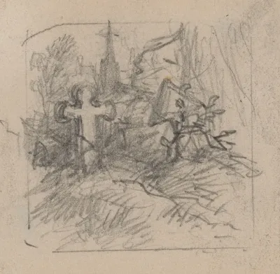 Two Graves And Church Between Trees In Background