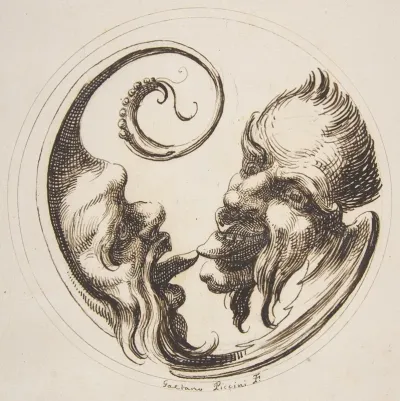 Two Grotesque Heads Facing One Another And Touching Tongues Within A Circle