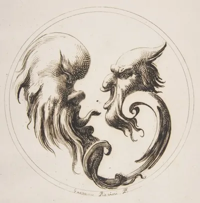 Two Grotesque Heads Facing One Another Within A Circle