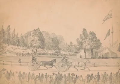 Two Harness Racing Horses Pulling Their Sulkies On Race Course