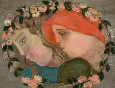 Two Heads Of Little Girls In A Garland Of Flowers