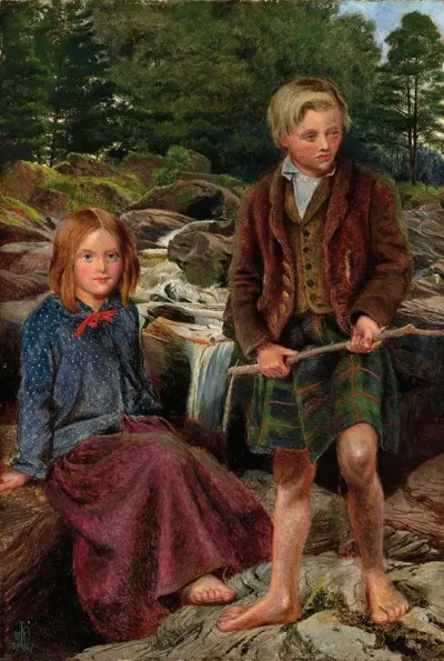 Two Highland Children By A Scottish Stream