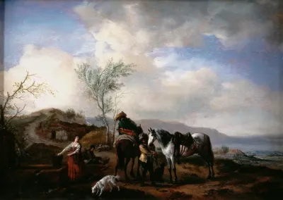 Two Horsemen Near A Fountain