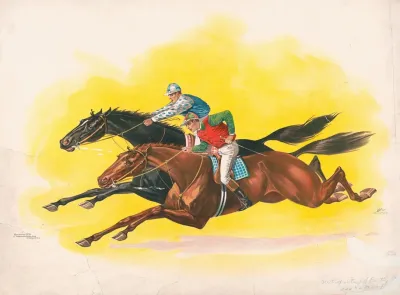 Two Horses Being Ridden By Jockeys