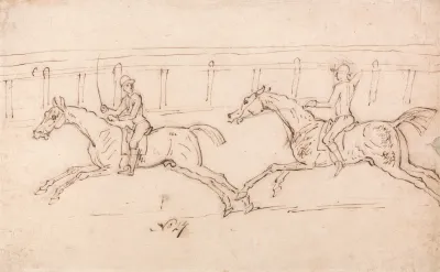 Two Horses Racing Jockeys Up Railings In The Background