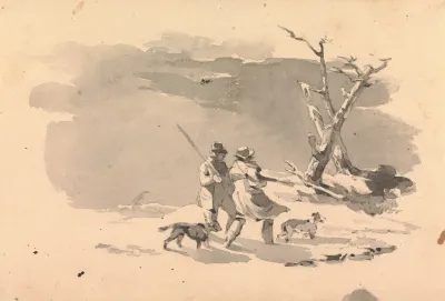 Two Hunters And Two Dogs In Winter Scene