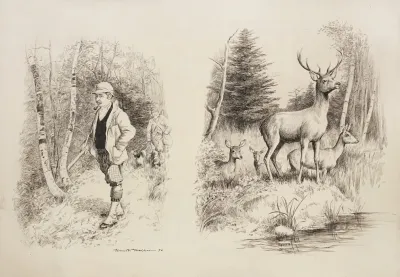 Two Hunters Walk Through A Forest
