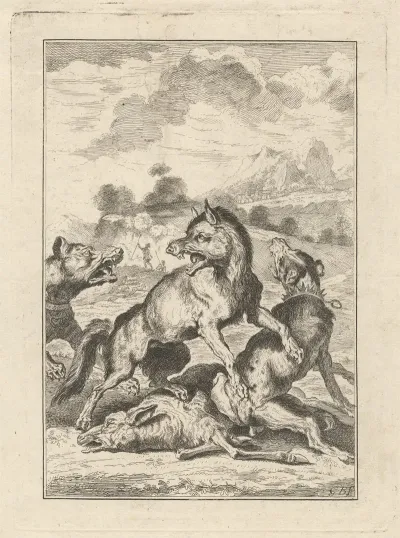 Two Hunting Dogs A Wolf And A Sheep