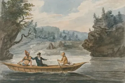 Two Indians And A White Man In A Canoe