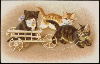 Two Kittens Pulling A Third Cat In A Stroller