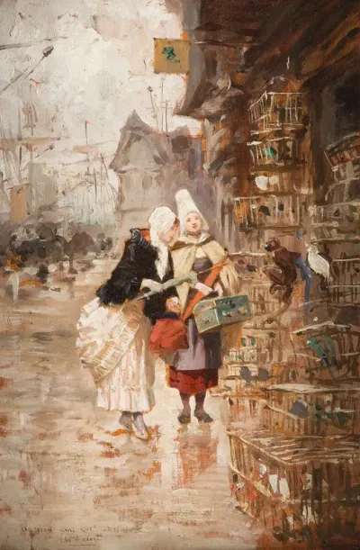 Two Ladies Admiring Exotic Birds