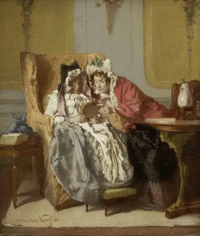 Two Ladies Examining A Little Painting