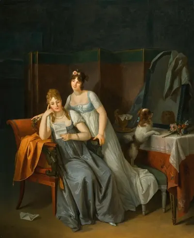 Two Ladies In An Interior Reading A Letter With A Dog On A Bench Looking Into A Mirror