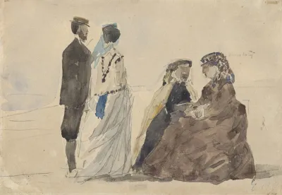 Two Ladies Seated And A Couple Walking On The Beach