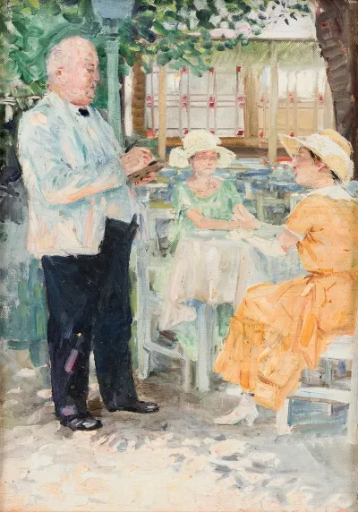 Two Ladies With A Waiter In The Pratergasthaus