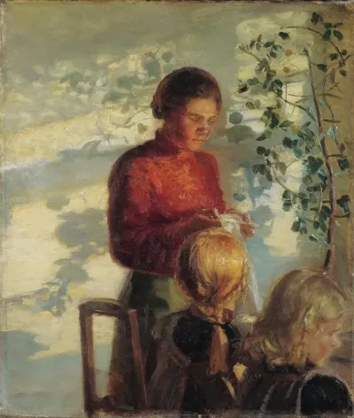 Two Little Girls Being Taught How To Sew