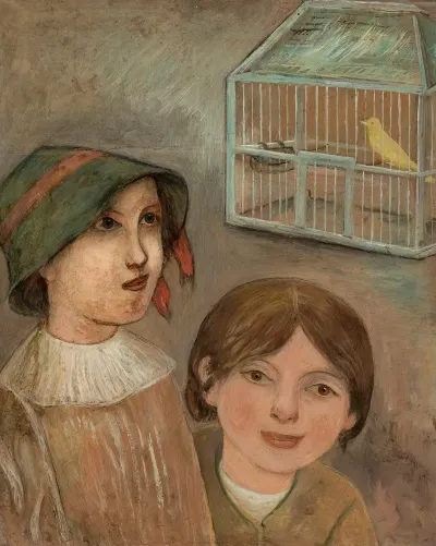 Two Little Girls Beside A Cage With A Canary