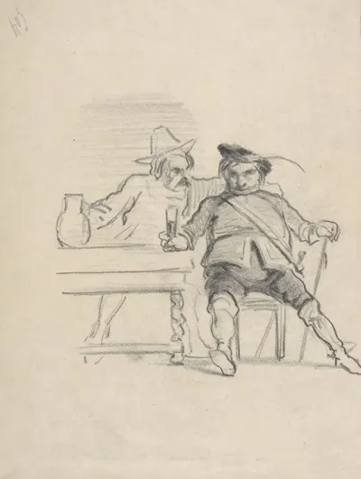 Two Male Figures Seated At A Table Drinking